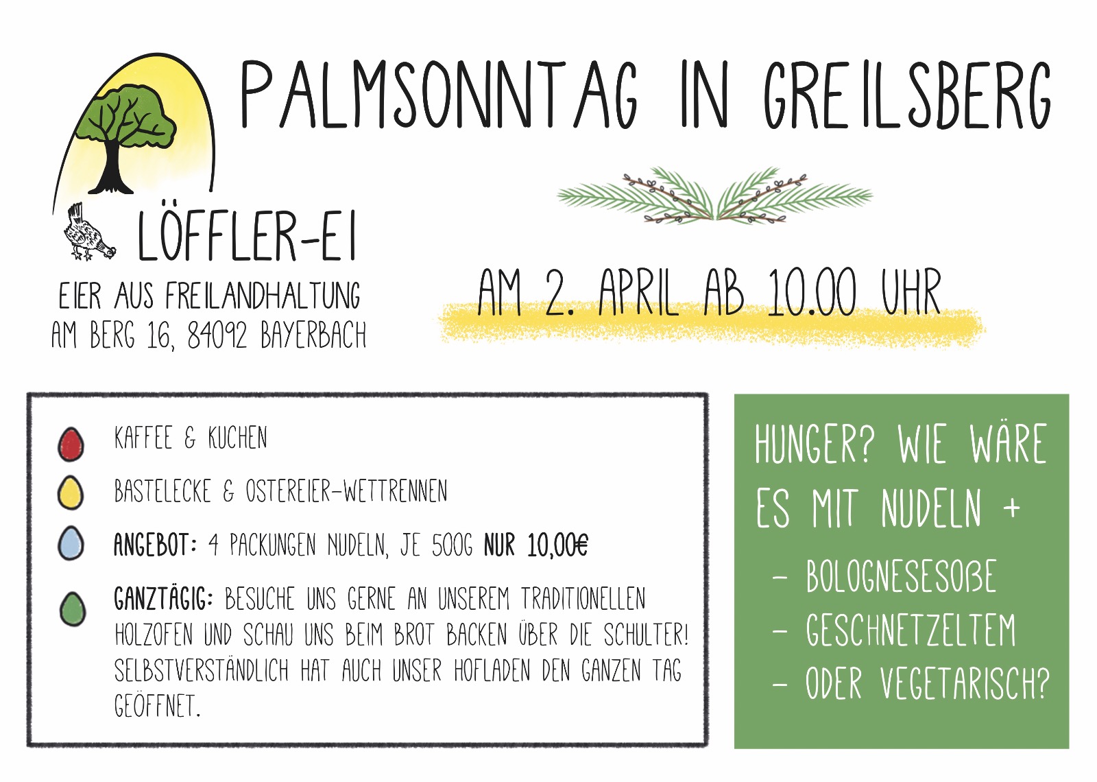 Palmsonntag in Greilsberg, 02.04.2023. Geöffnet ab 10 Uhr mit Kinderunterhaltung, Essen und Nudelnangebot, Brot backen, Hofladen geöffnet